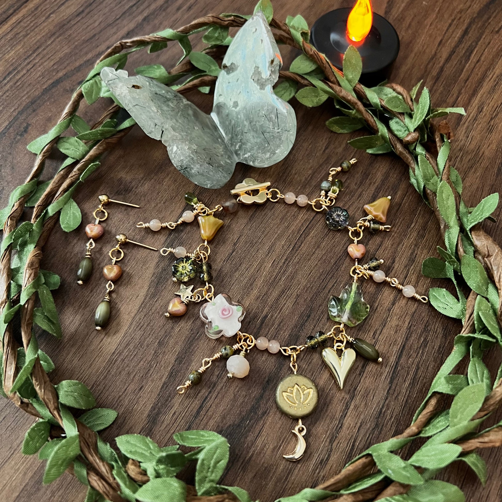 overgrown garden charm bracelet and earrings set